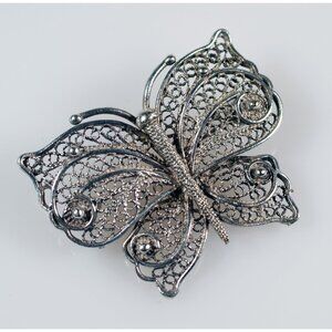 Vintage Silver Tone Filigree Butterfly Lapel Pin Brooch, Figural Unisex Jewelry